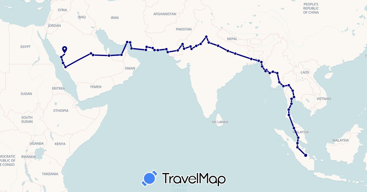 TravelMap itinerary: driving in United Arab Emirates, Bangladesh, Indonesia, India, Iran, Myanmar (Burma), Malaysia, Pakistan, Saudi Arabia, Thailand (Asia)